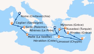 Itinéraire de la croisière Rome (Civitavecchia), Cagliari (Sardaigne), S...
