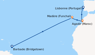Itinéraire de la croisière Lisbonne (Portugal), En mer, Agadir (Maroc), ...