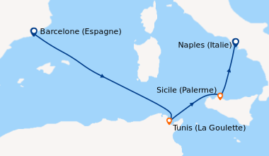 Itinéraire de la croisière Barcelone (Espagne), En mer, Tunis (La Goulet...