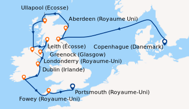 Itinéraire de la croisière Copenhague (Danemark), En mer, Leith (Écosse)...