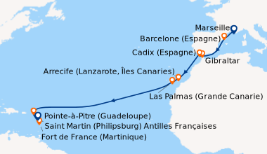 Itinéraire de la croisière France, Espagne, Gibraltar, Canaries, Antilles