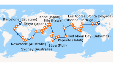 Itinéraire de la croisière Espagne, Portugal, Açores, États-Unis, Floride (USA), Mexique, États-Unis, Hawaii, Polynésie, Fiji, Australie, Japon