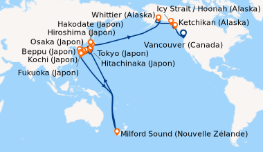 Itinéraire de la croisière Tokyo (Japon), En mer, Osaka (Japon), Kochi (...
