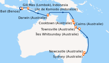 Itinéraire de la croisière Bali (Benoa), Bali (Benoa), Gili Mas (Lombok)...