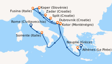 Itinéraire de la croisière Athènes (Le Pirée), Nauplie (Grèce), En mer, ...
