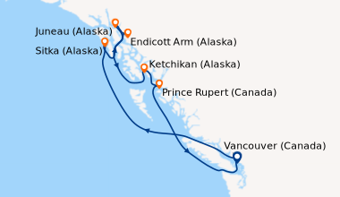 Itinéraire de la croisière Vancouver (Canada), En mer, Sitka (Alaska), E...