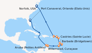 Itinéraire de la croisière Port Canaveral, Orlando (Etats-Unis), En mer,...