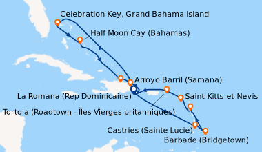 Itinéraire de la croisière Rép.Dominicaine, Antilles, Iles Vierges, Turks et Caicos