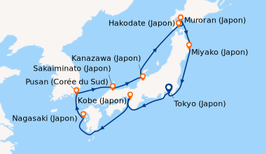 Itinéraire de la croisière Tokyo (Japon), En mer, Kobe (Japon), En mer, ...