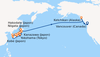 Itinéraire de la croisière Yokohama (Tokyo), En mer, Kobe (Japon), En me...