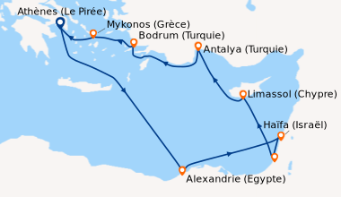 Itinéraire de la croisière Athènes (Le Pirée), En mer, Alexandrie (Egypt...