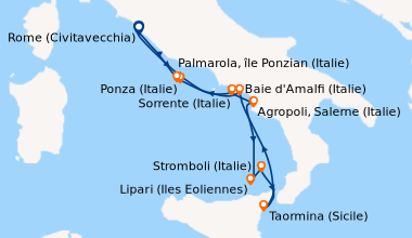 Itinéraire de la croisière Rome (Civitavecchia), Sorrente (Italie), Lipa...