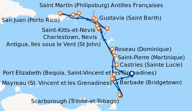 Itinéraire de la croisière Barbade (Bridgetown), Castries (Sainte Lucie)...