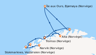 Itinéraire de la croisière Lumière polaire, du cap Nord aux îles Lofoten