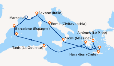 Itinéraire de la croisière France, Italie, Grèce, Tunisie, Baléares, Espagne