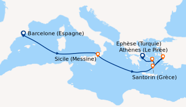 Itinéraire de la croisière Barcelone (Espagne), En mer, Sicile (Messine)...