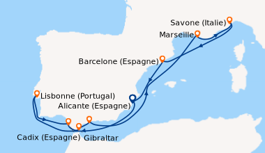 Itinéraire de la croisière Espagne, Portugal, Gibraltar, France, Italie