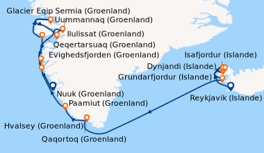 Itinéraire de la croisière Reykjavik (Islande), Dynjandi (Islande), Isaf...