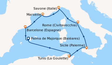 Itinéraire de la croisière Baléares, Tunisie, Italie, France, Espagne