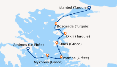 Itinéraire de la croisière Athènes (Le Pirée), Mykonos (Grèce), Patmos (...