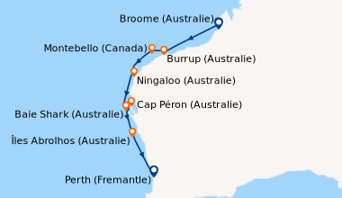 Itinéraire de la croisière Odyssée le long de la côte ouest australienne