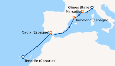 Itinéraire de la croisière Canaries, Maroc, Espagne, France, Italie