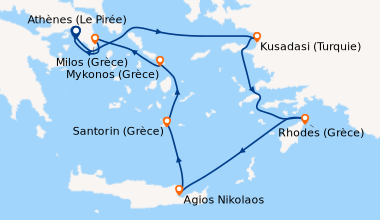 Itinéraire de la croisière Athènes (Le Pirée), Kusadasi (Turquie), Rhode...