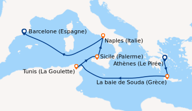 Itinéraire de la croisière Grèce, Tunisie, Italie, Espagne