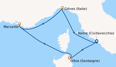 Itinéraire de la croisière Rome (Civitavecchia), Gênes (Italie), Marseil...
