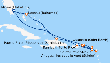 Itinéraire de la croisière Miami (Etats-Unis), Nassau (Bahamas), En mer,...