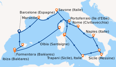 Itinéraire de la croisière Espagne, France, Italie, Corse (France), Baléares