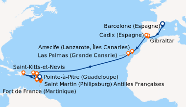 Itinéraire de la croisière Espagne, Gibraltar, Canaries, Antilles, Iles Vierges
