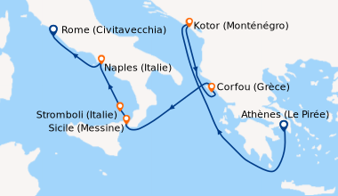 Itinéraire de la croisière Athènes (Le Pirée), En mer, Kotor (Monténégro...