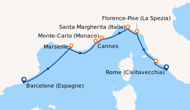 Itinéraire de la croisière Barcelone (Espagne), Marseille, Cannes, Monte...