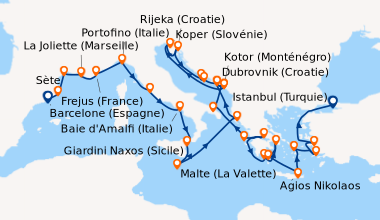 Itinéraire de la croisière Barcelone (Espagne), Palamos (Espagne), Sète,...