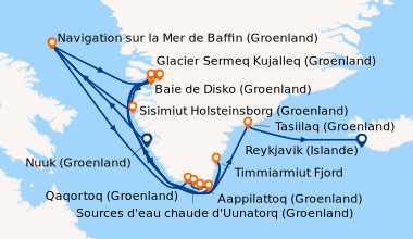 Itinéraire de la croisière Premières rencontres et baie de Disko insoupçonnée