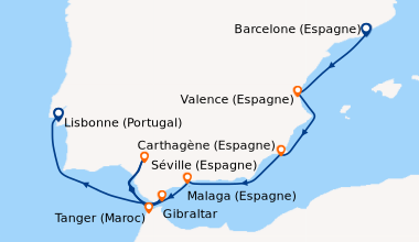 Itinéraire de la croisière Barcelone (Espagne), Valence (Espagne), Carth...