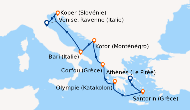 Itinéraire de la croisière Athènes (Le Pirée), Santorin (Grèce), Olympie...