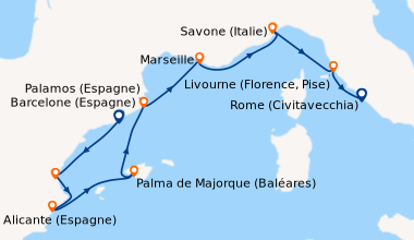 Itinéraire de la croisière Barcelone (Espagne), Valence (Espagne), Alica...