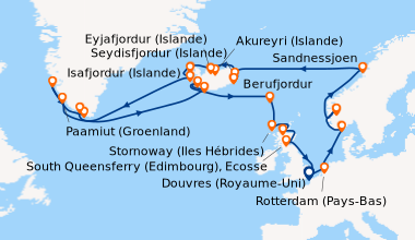 Itinéraire de la croisière Douvres (Royaume-Uni), Rotterdam (Pays-Bas), ...