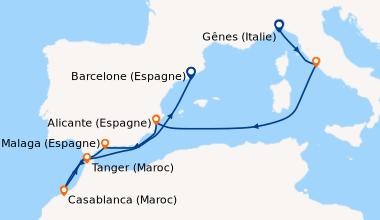 Itinéraire de la croisière Gênes (Italie), Rome (Civitavecchia), En mer,...
