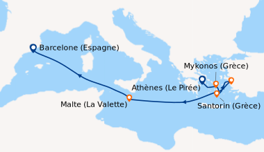 Itinéraire de la croisière Athènes (Le Pirée), Mykonos (Grèce), Santorin...