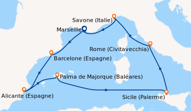 Itinéraire de la croisière France, Espagne, Baléares, Italie