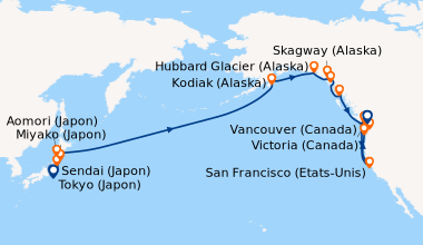 Itinéraire de la croisière Tokyo (Japon), Sendai (Japon), Miyako (Japon)...