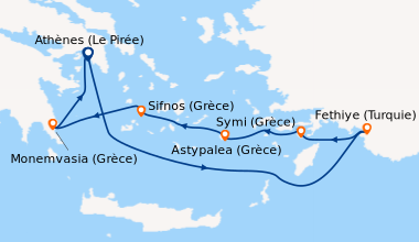 Itinéraire de la croisière Athènes (Le Pirée), En mer, Sifnos (Grèce), M...