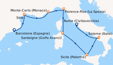Itinéraire de la croisière Barcelone (Espagne), Sète, Sète, Monte-Carlo ...
