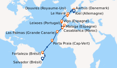 Itinéraire de la croisière Brésil, Canaries, Maroc, Espagne, Portugal, France, Grande-Bretagne, Danemark, Allemagne