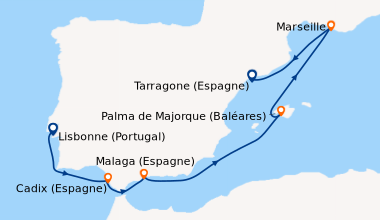 Itinéraire de la croisière Lisbonne (Portugal), Cadix (Espagne), Malaga ...