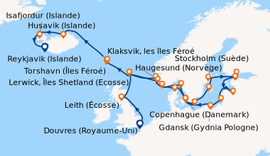Itinéraire de la croisière Douvres (Royaume-Uni), En mer, Leith (Écosse)...