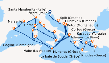 Itinéraire de la croisière Athènes (Le Pirée), Mykonos (Grèce), Rhodes (...